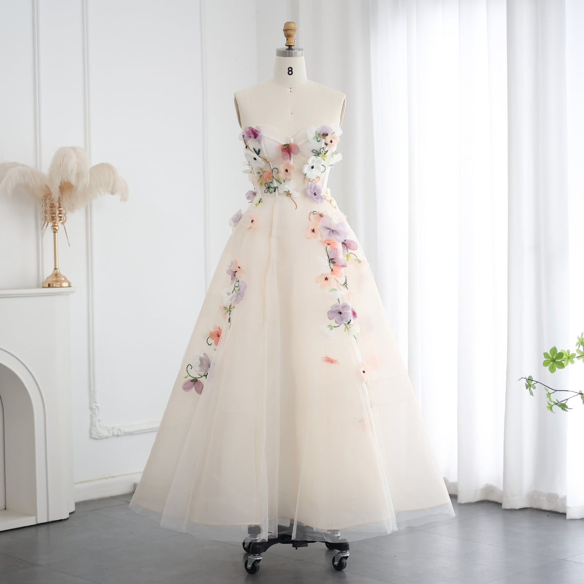 Elegant 3D Flowers Khaki A-line Midi Evening Dress SS334