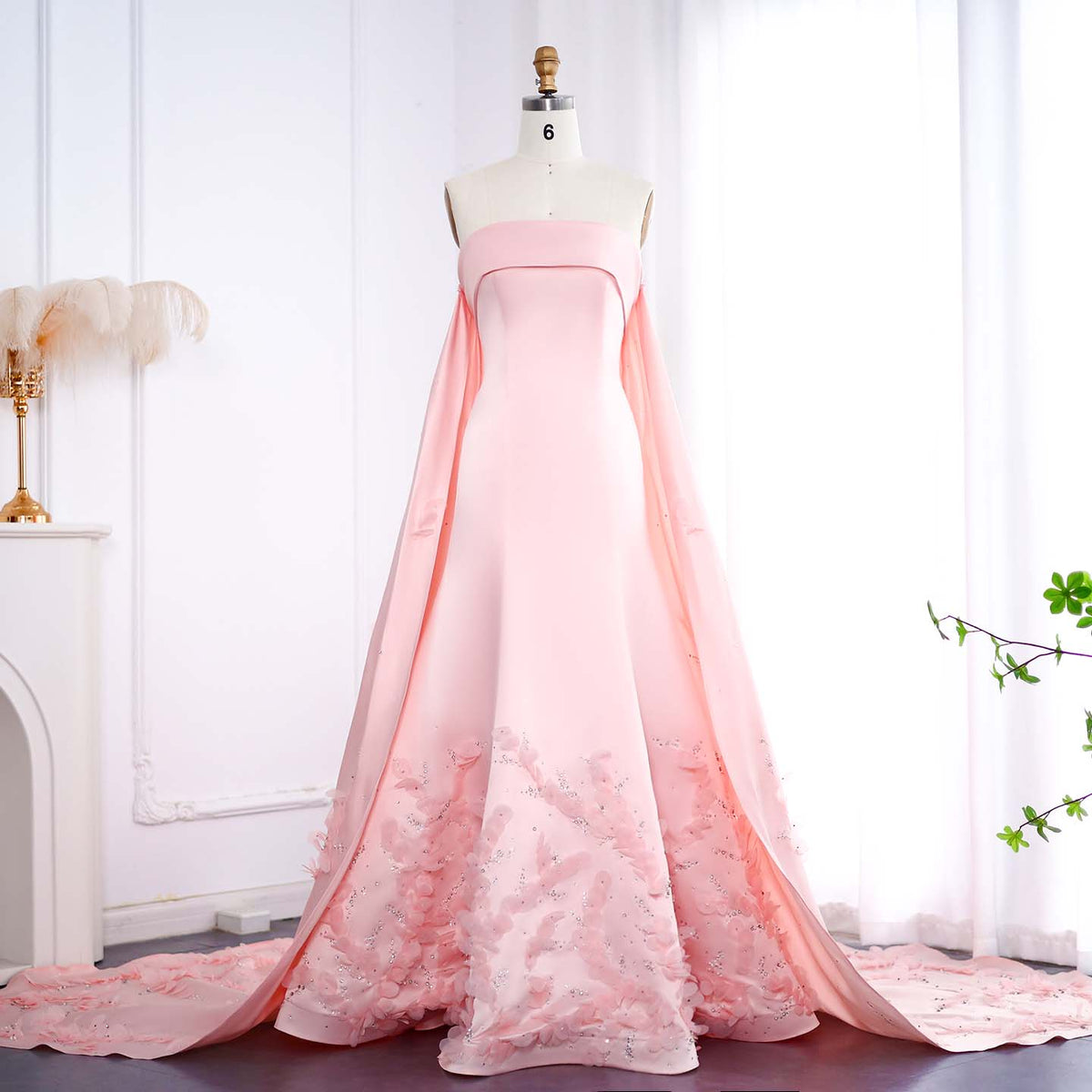 Luxury Crystal 3D Leaves Sage Green Sleeveless Evening Dress with Cape SS449