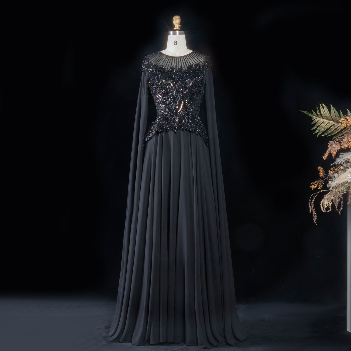 Regal Black Chiffon A-Line Beaded Formal Evening Dress with Cape Sleeves SS104