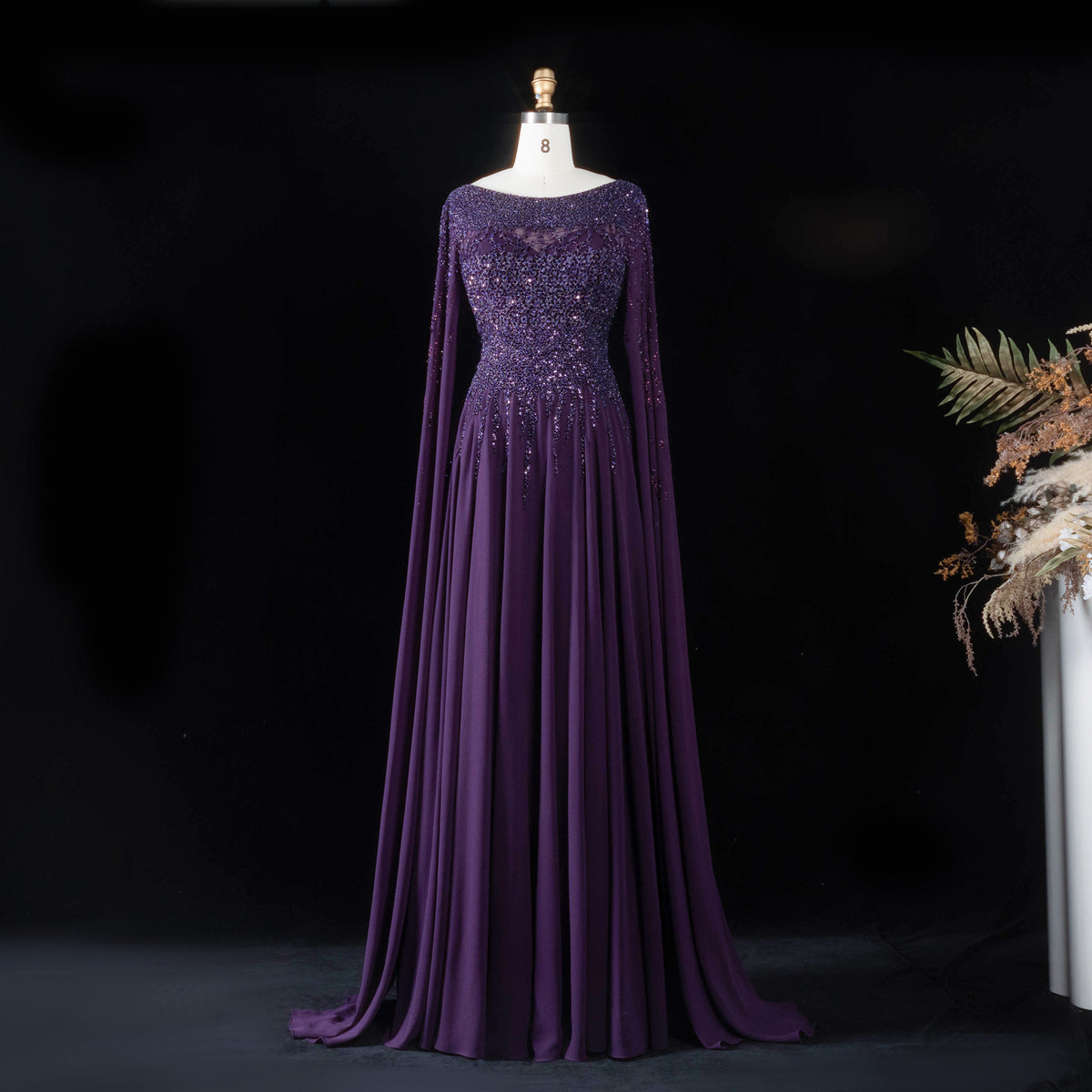 Luxury Blue Cape Sleeves Beaded Sequined Chiffon Evening Dress SS105