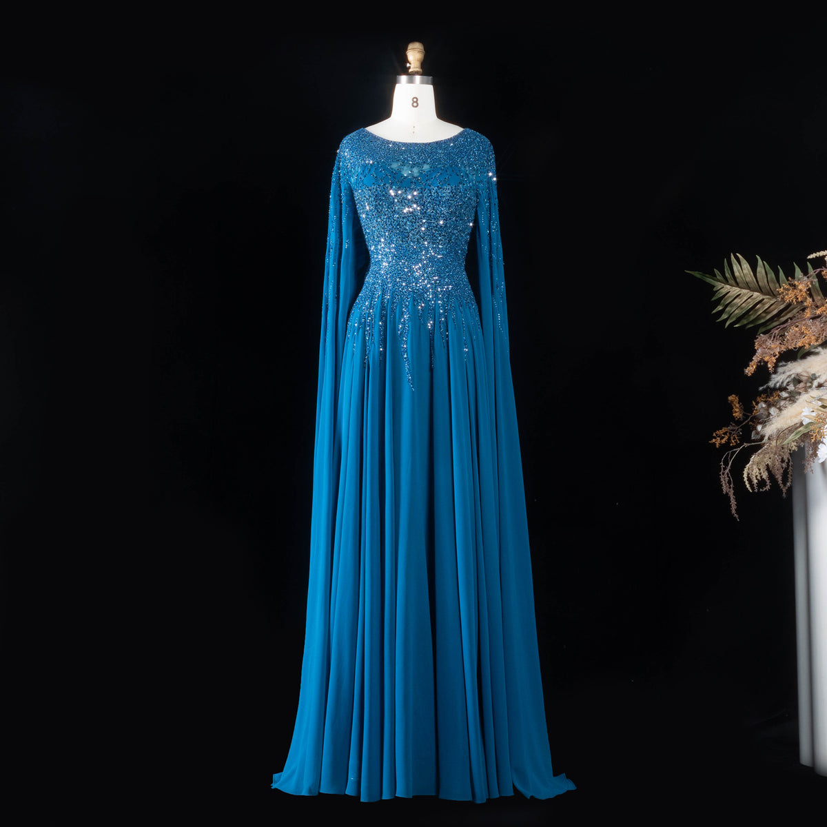 Luxury Blue Cape Sleeves Beaded Sequined Chiffon Evening Dress SS105