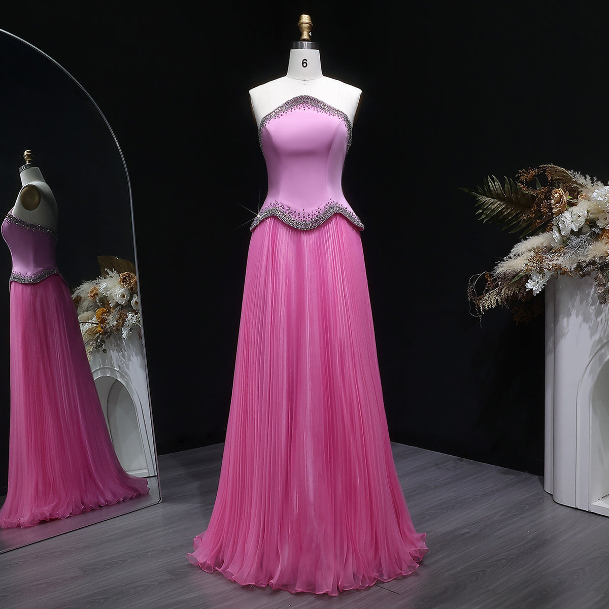 Elegant Pink Strapless Beaded Chiffon Evening Dress SS789