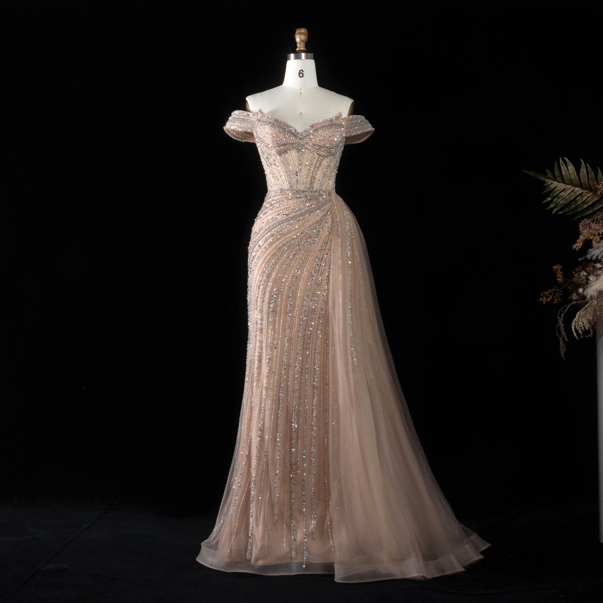 Elegant Pink Off-the-Shoulder Beaded Mermaid Evening Dress SS005