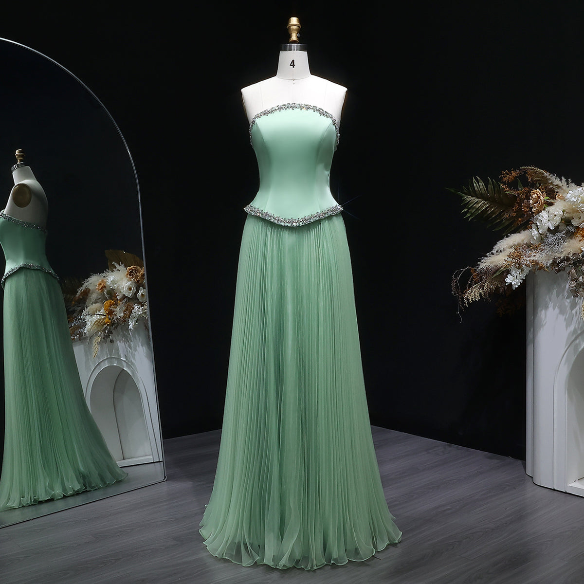 Elegant Pink Strapless Beaded Chiffon Evening Dress SS789
