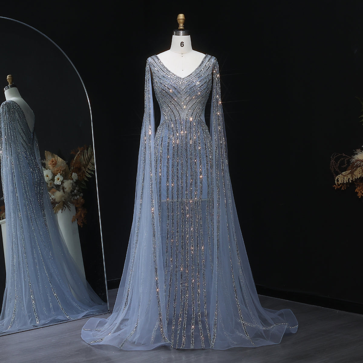 Luxury Beaded Blue V-Neck Mermaid Evening Dress with Cape Sleeves SS251