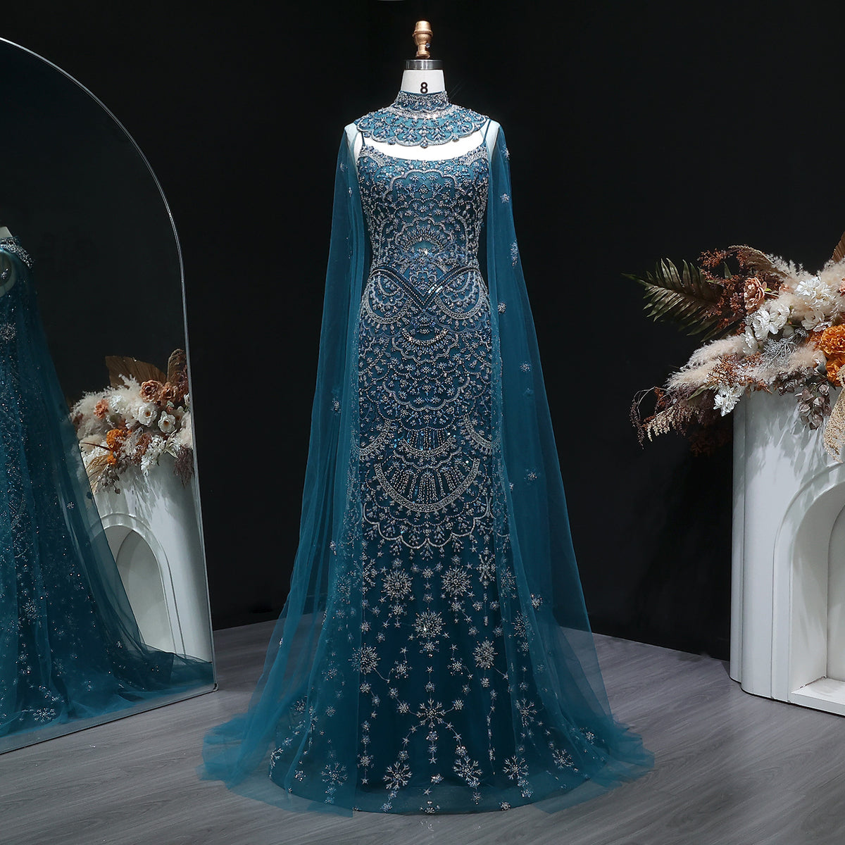 Luxury Teal Halter Neck Beaded Cape Mermaid Evening Dress SS028