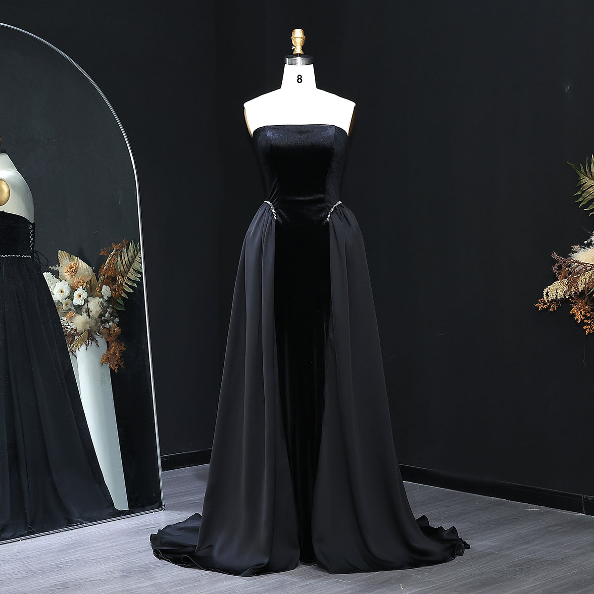 Elegant Black Strapless Evening Dress with Overskirt SF534