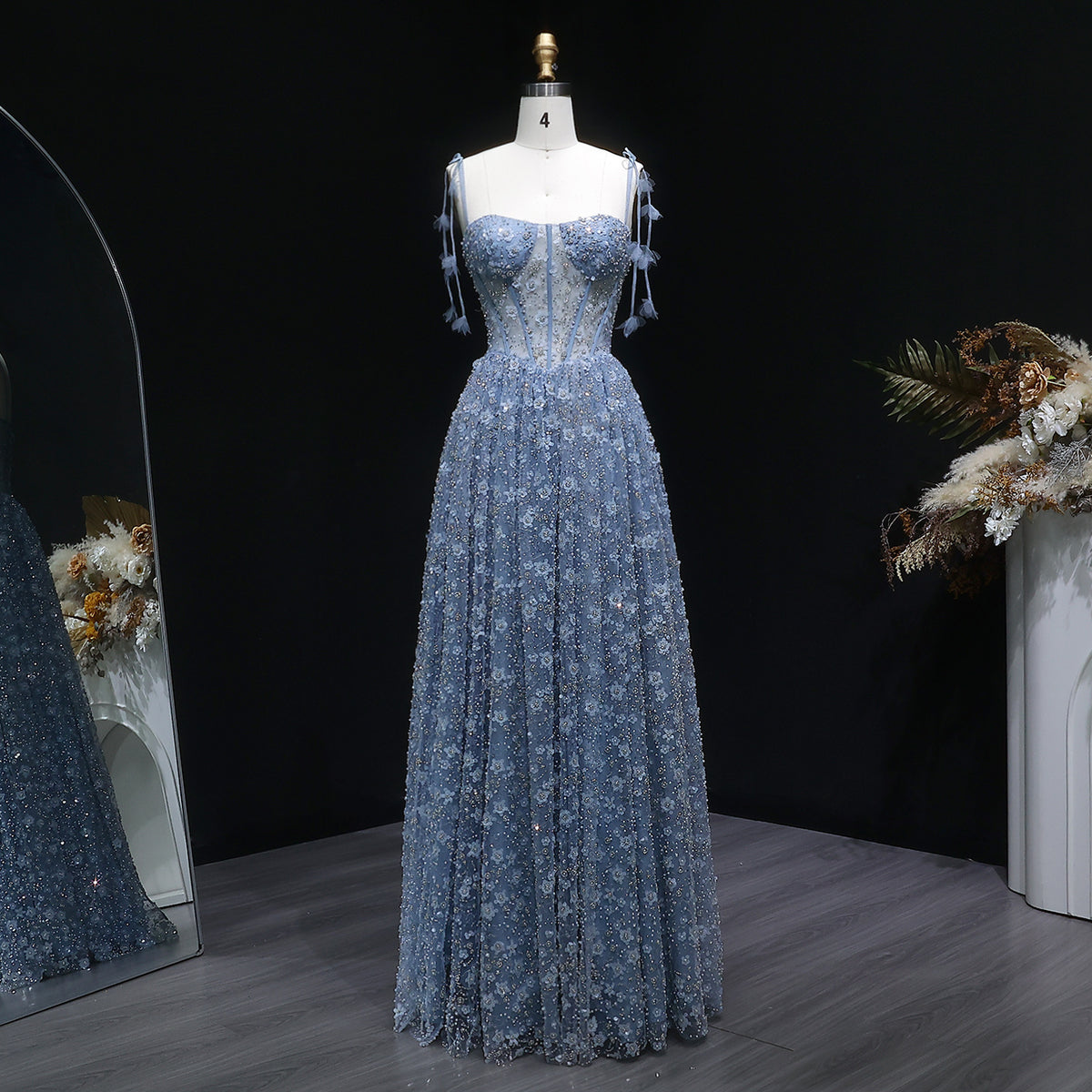 Elegant Pink 3D Floral Spaghetti Strap Evening Dress SS701