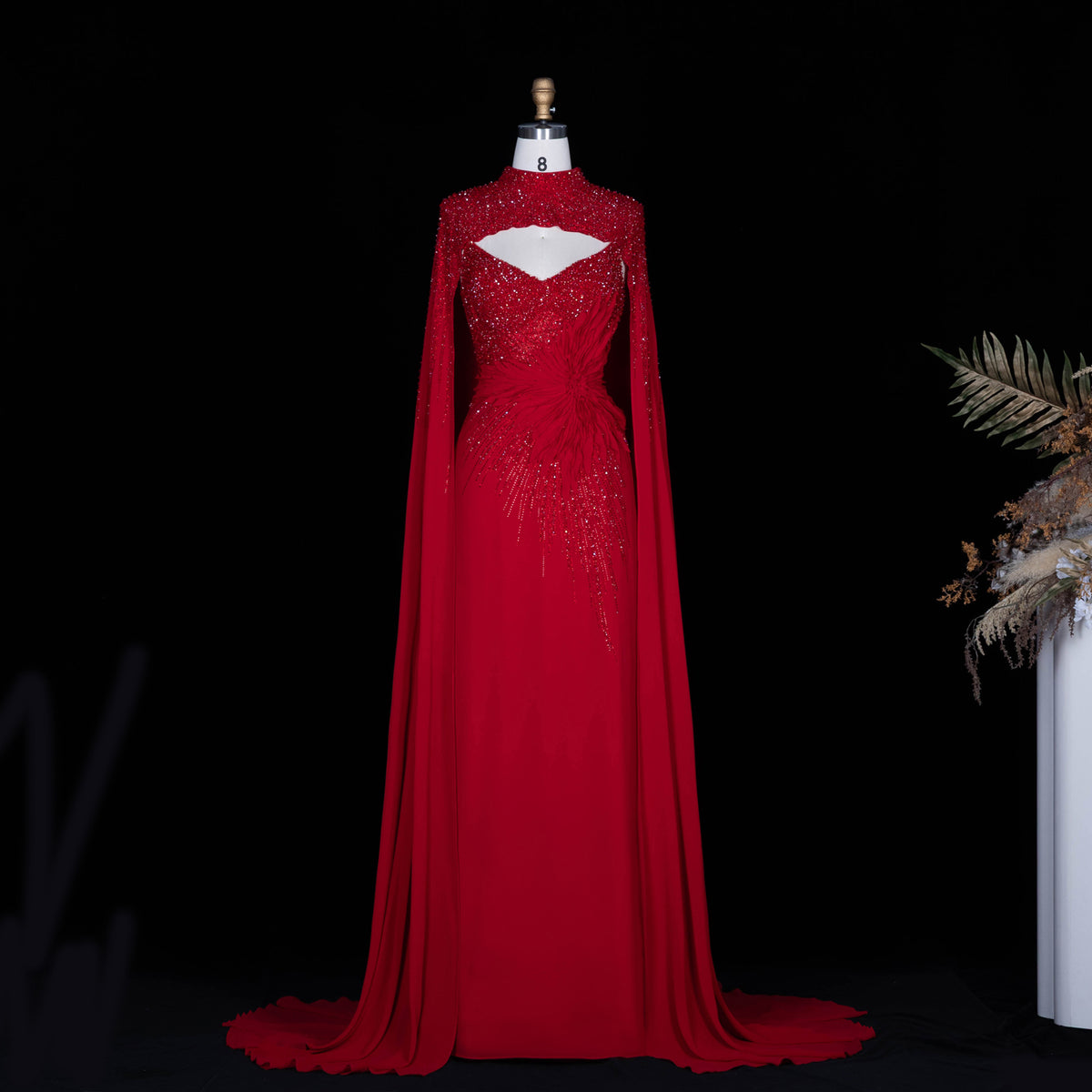 Navy Blue Beaded 3D Flowers Evening Dress with Cape SS074