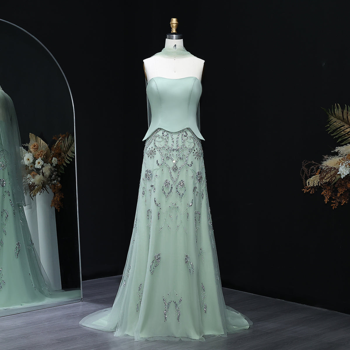 Luxury Sage Green Strapless Evening Dress SS254
