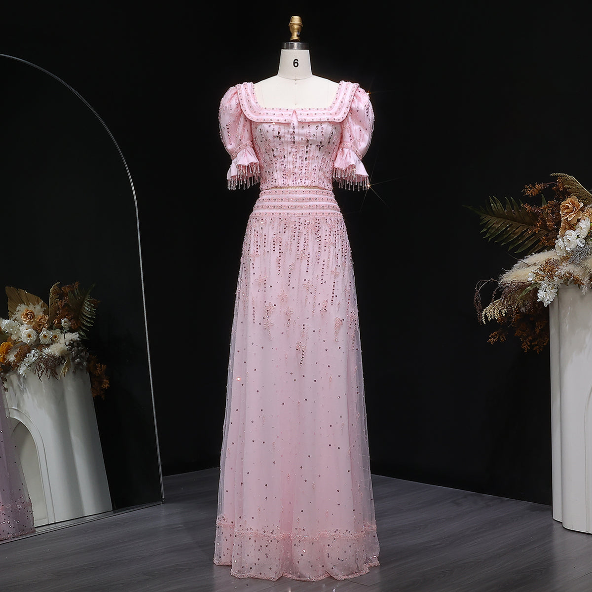 Elegant Puff Sleeve Pink Sequin Two-Piece Evening Dress SS548