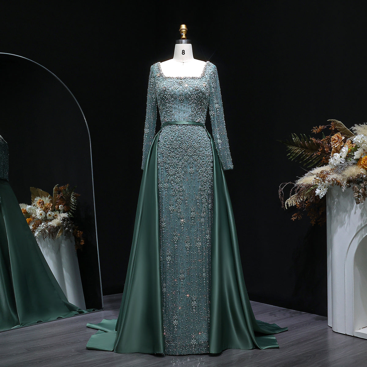 Elegant Green Beaded Long Sleeve Evening Dress with Overskirt SS119