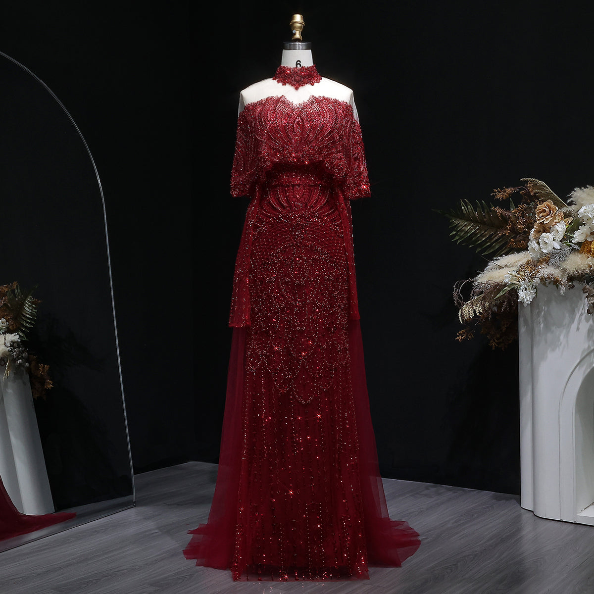 Gray Off Shoulder Beaded Evening Dress with Cape SS557