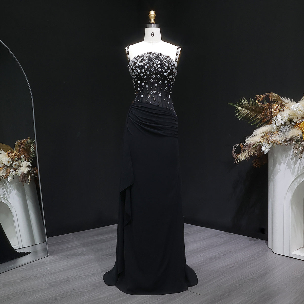 Glamorous Black Ruched Corset Beaded Mermaid Evening Dress SS248