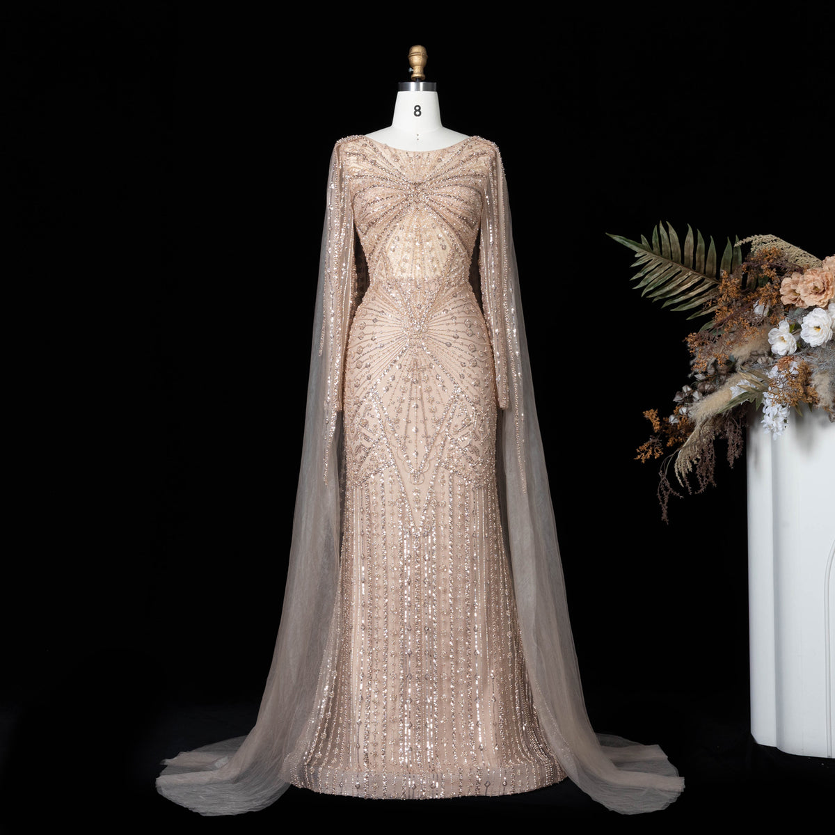 Romantic Pink Full Crystal Beaded Round Neck Tulle Cape Mermaid Floor Evening Dress SS051