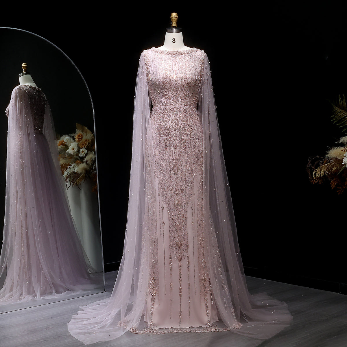 Luxury White Nude Mermaid Evening Dress with Cape Sleeves SS668