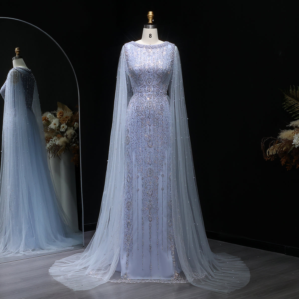 Luxury White Nude Mermaid Evening Dress with Cape Sleeves SS668