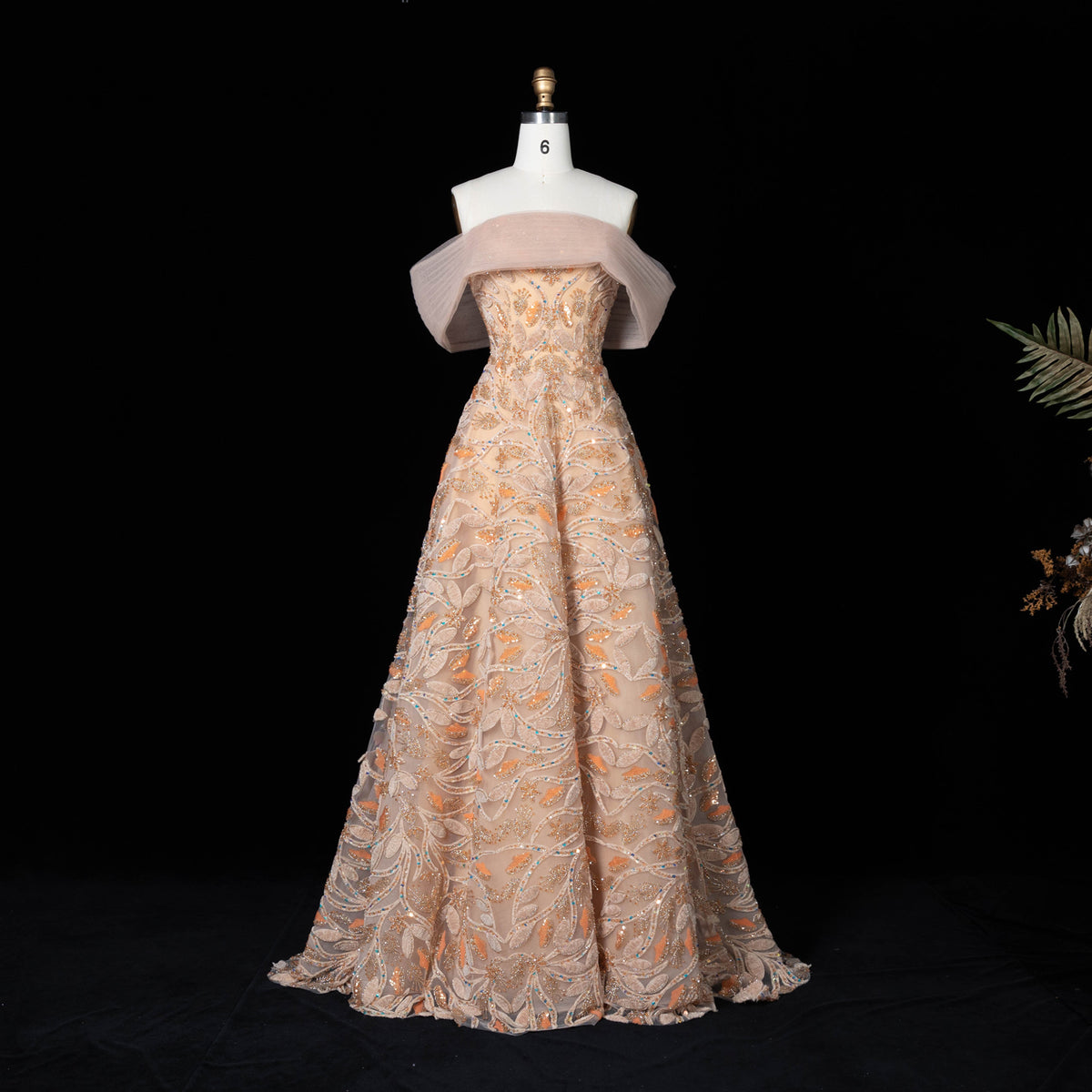 Luxury Orange Off Shoulder Draped Tulle Beaded Evening Dress