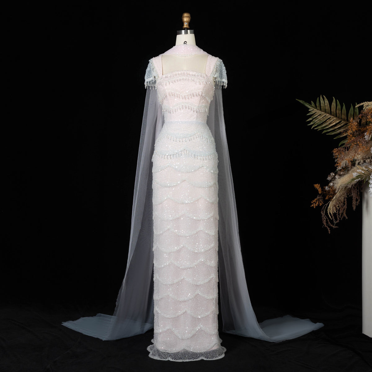Luxury Gradient Scale Textured Evening Dress with Scarf SS523