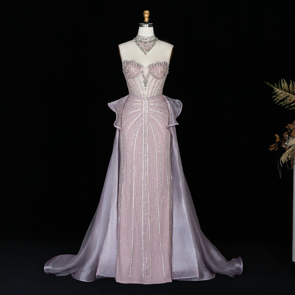 Luxury Champagne Beaded Mermaid Tulle Evening Dress with Overskirt SS139