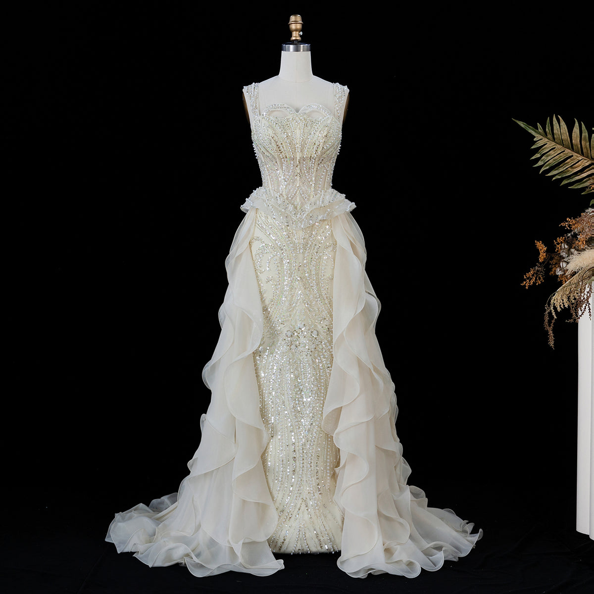 Regal Champagne Beaded Mermaid Evening Gown with Overskirt SS236