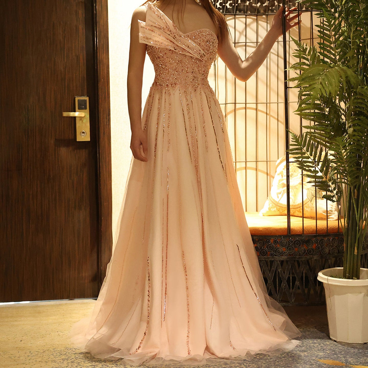Luxury Beaded One Shoulder Pink Evening Dress SS417