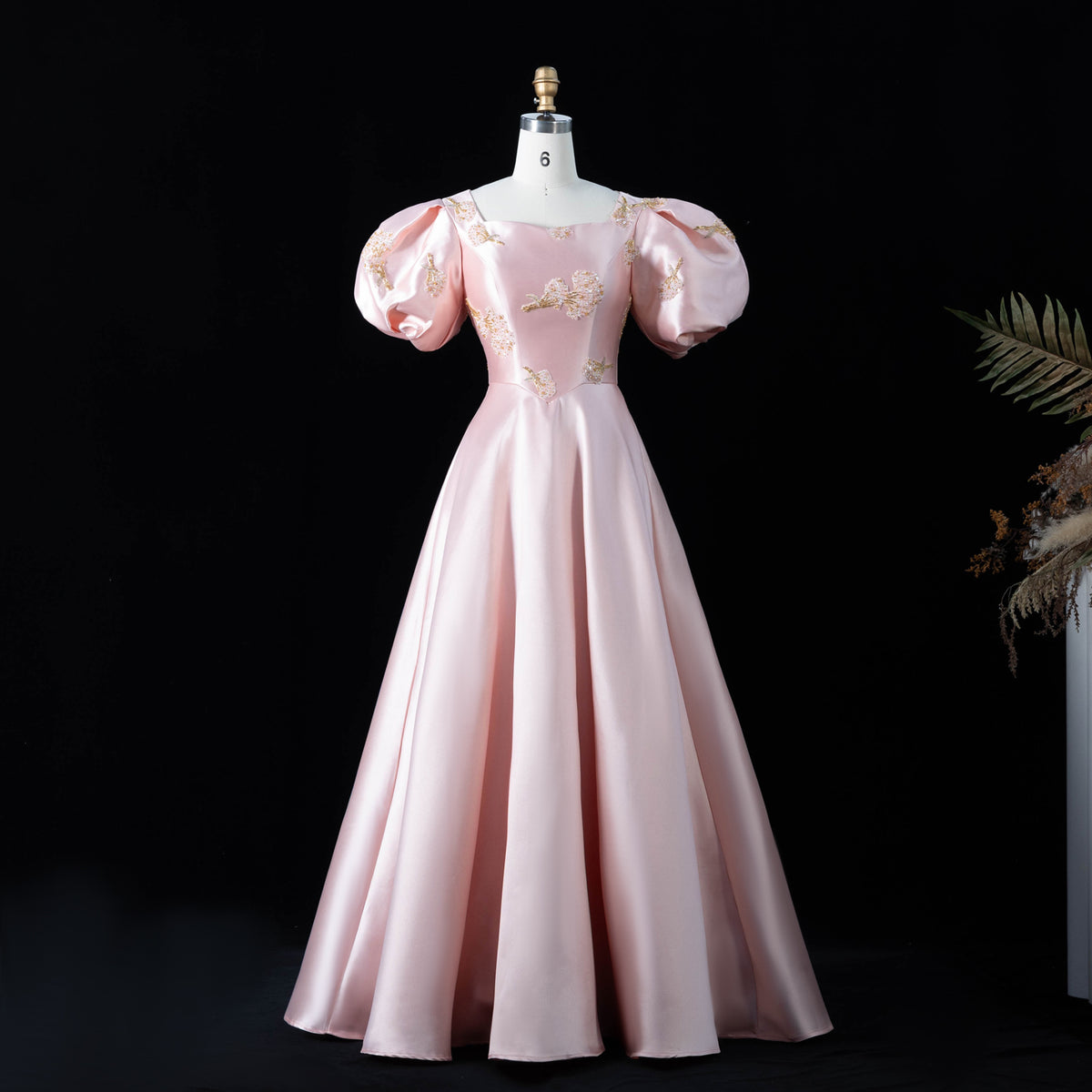 Luxury Champagne Satin Short Sleeve Evening Dress with Floral Embroidered SF516