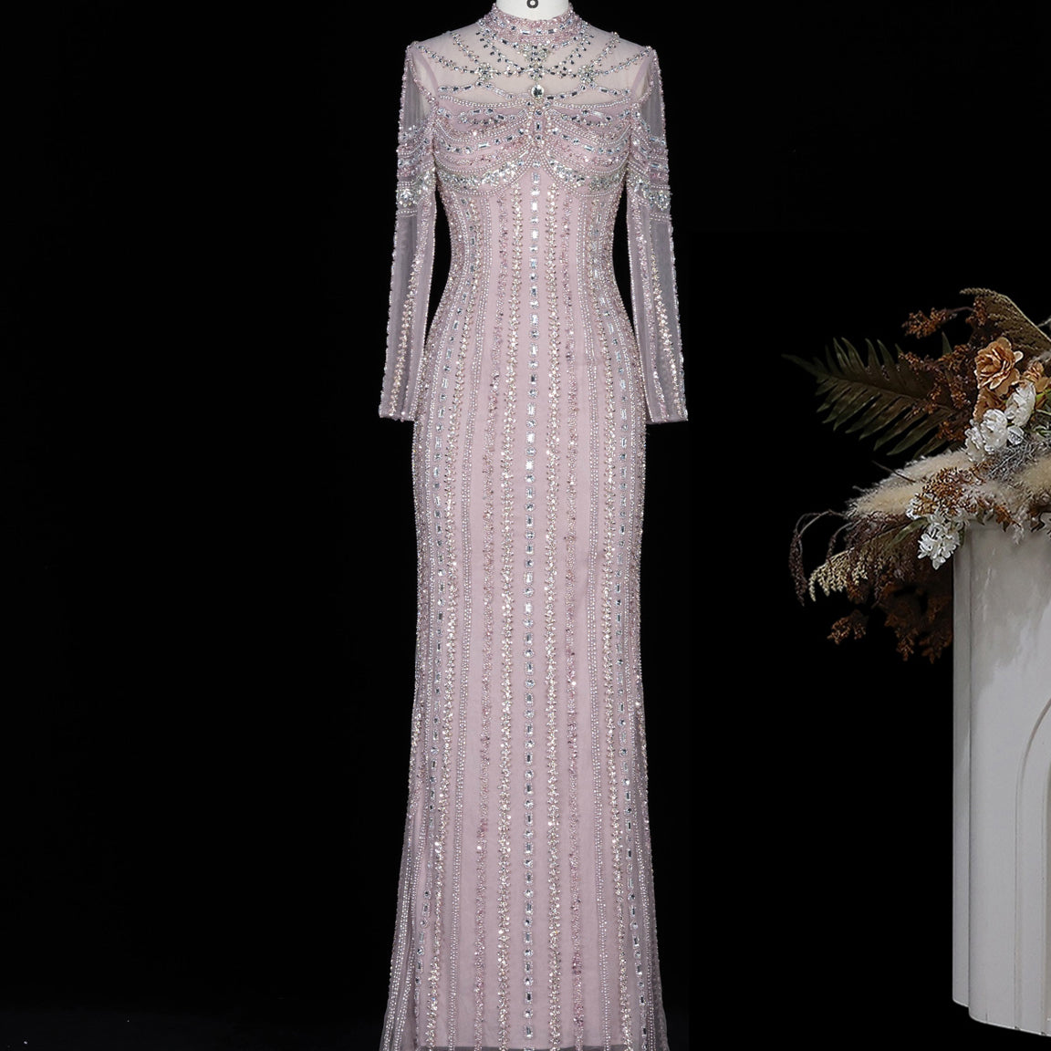 High-Neck Long Sleeve Beaded Sheath Evening Dress SS195