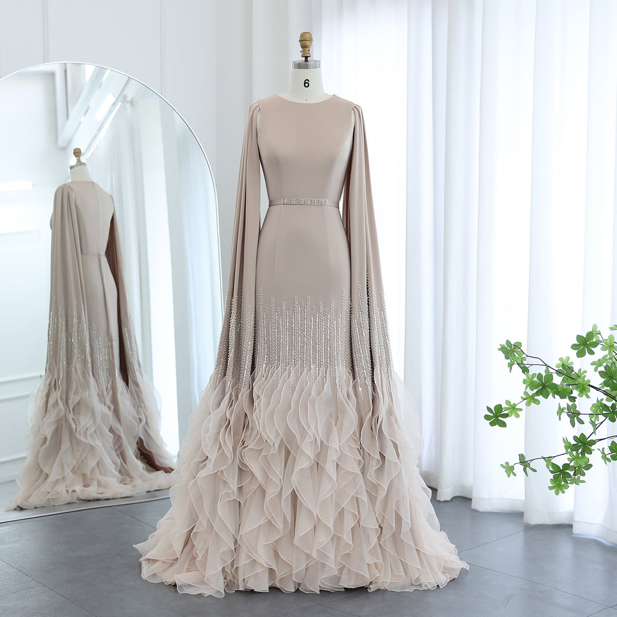 Luxury Nude Tiered Ruffles Mermaid Evening Dress with Cape Sleeves SS440