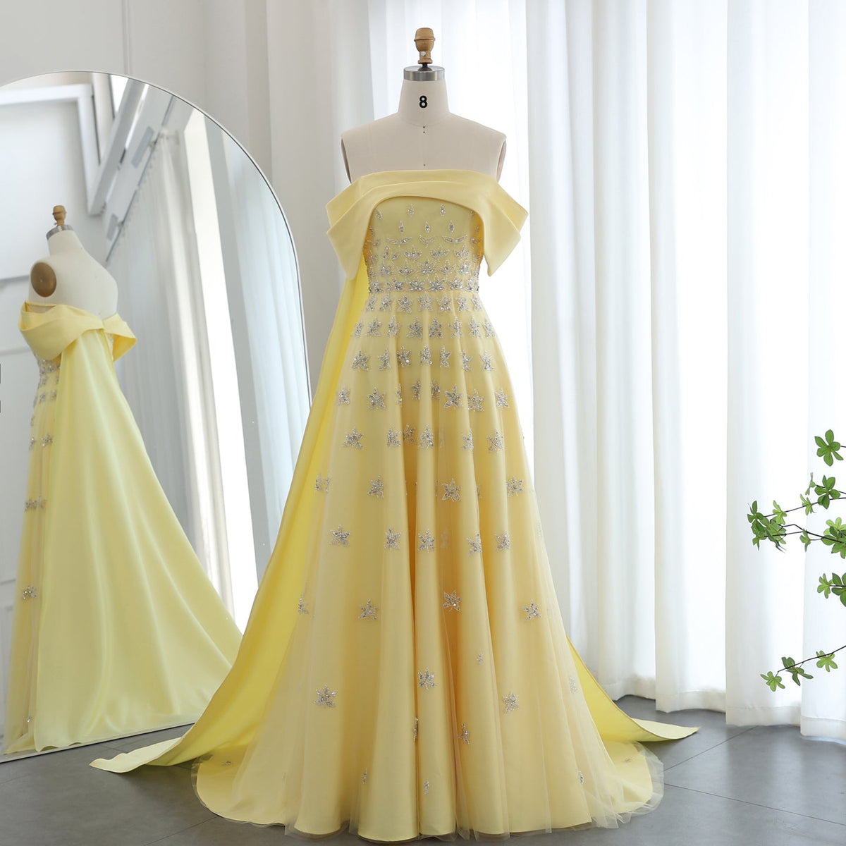 Elegant Beaded Yellow Satin Evening Dress with Cape SS455