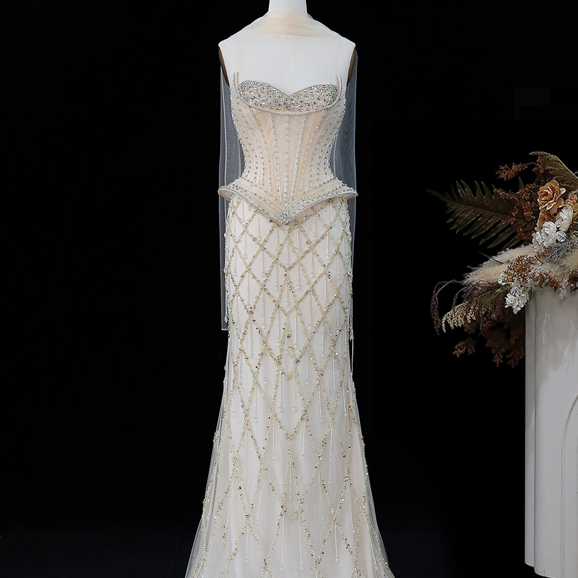 Crystal Beaded Mermaid Evening Dress with Scarf