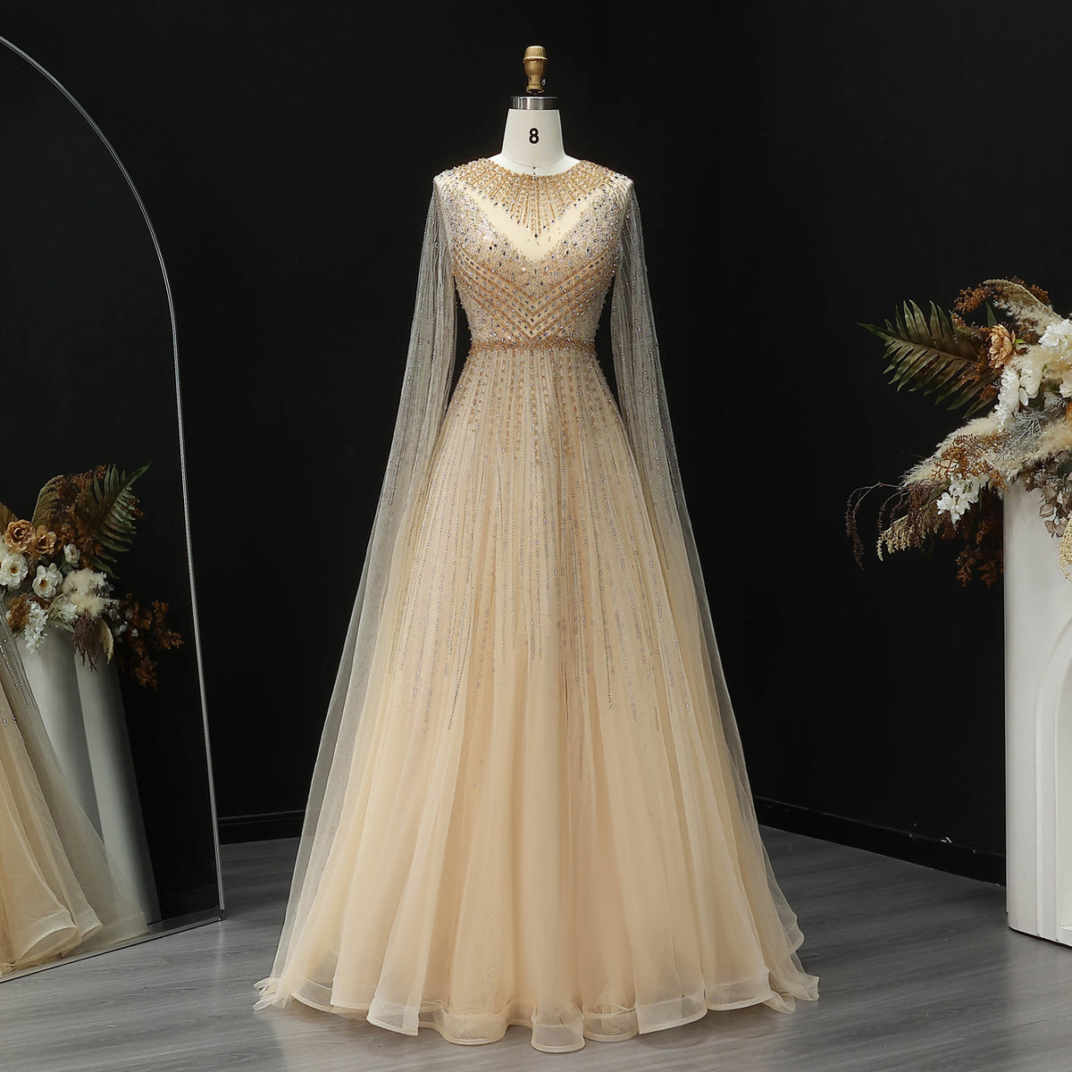 Luxury Pink Illusion Neck Beaded Chiffon Evening Dress with Cape Sleeves SS054