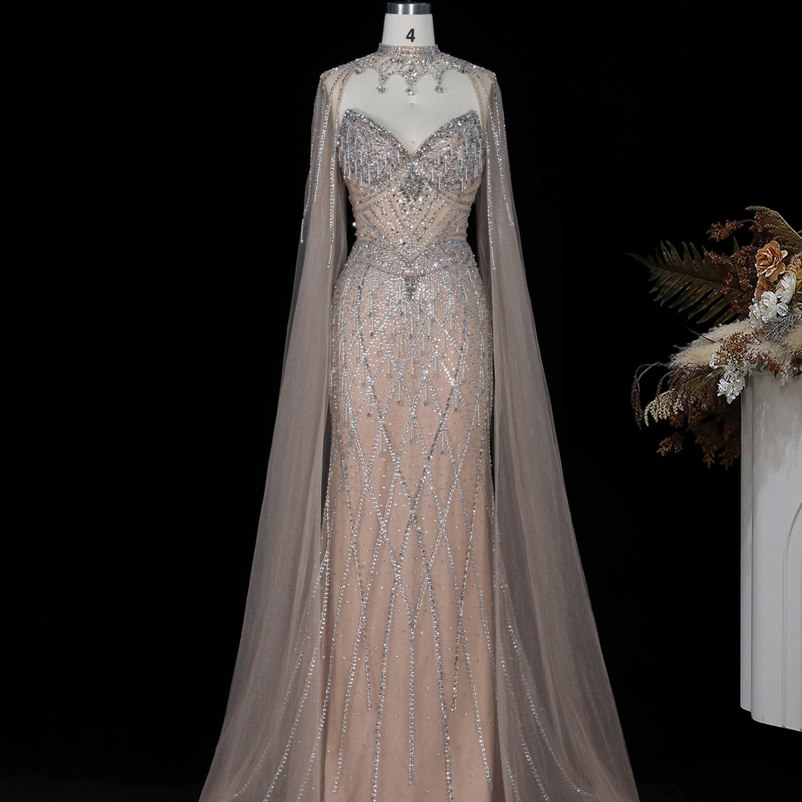 Beaded Mermaid Evening Dress with Cape Sleeves
