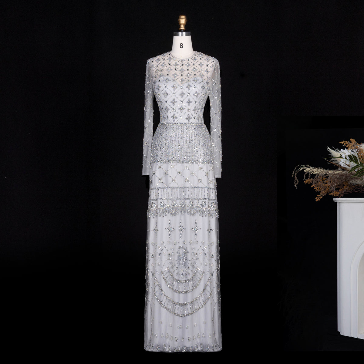 Elegant Pink Crystal Beaded Long Sleeve Embroidered Evening Dress SS220