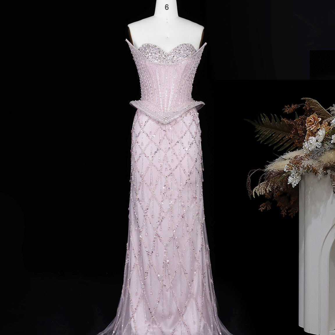 Crystal Beaded Mermaid Evening Dress with Scarf