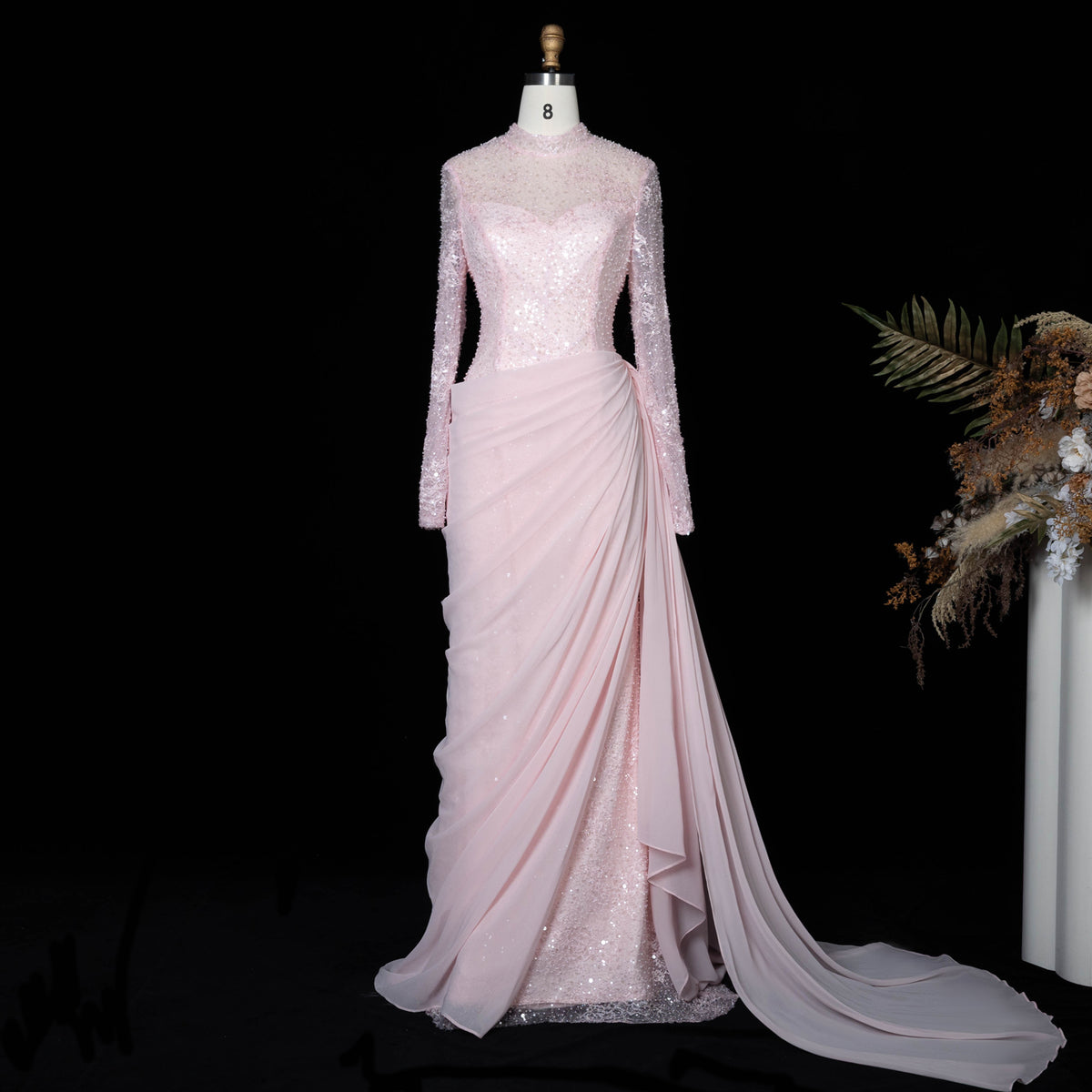 Luxury Long Sleeve Train Evening Dress with Overskirt SF429