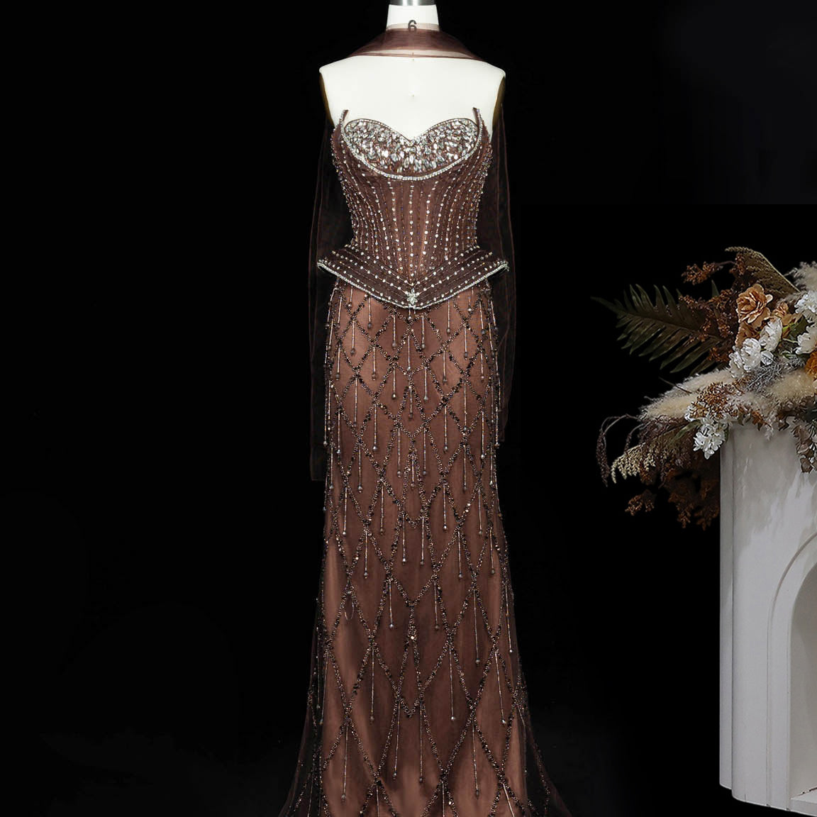 Crystal Beaded Mermaid Evening Dress with Scarf