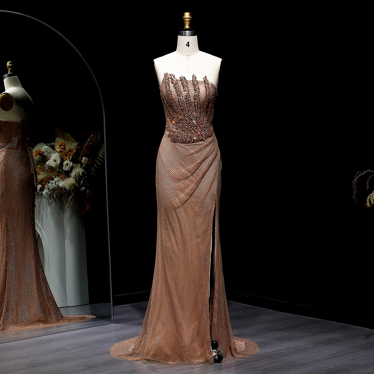 Luxury Crystal Champagne Mermaid Evening Dress with Slit SS528