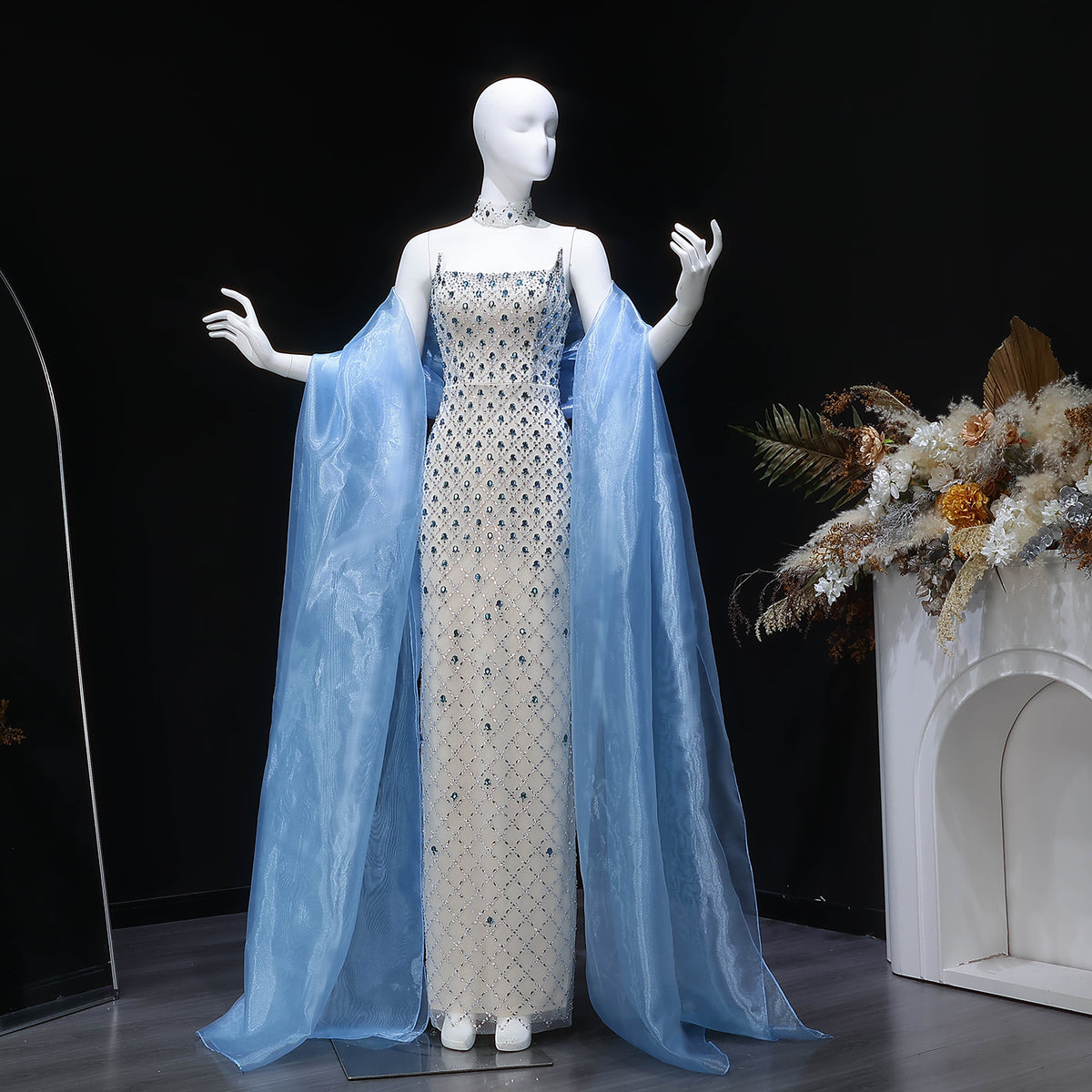 Glamorous Blue Mermaid Beaded Evening Dress with Cape Sleeve and Choker SS506