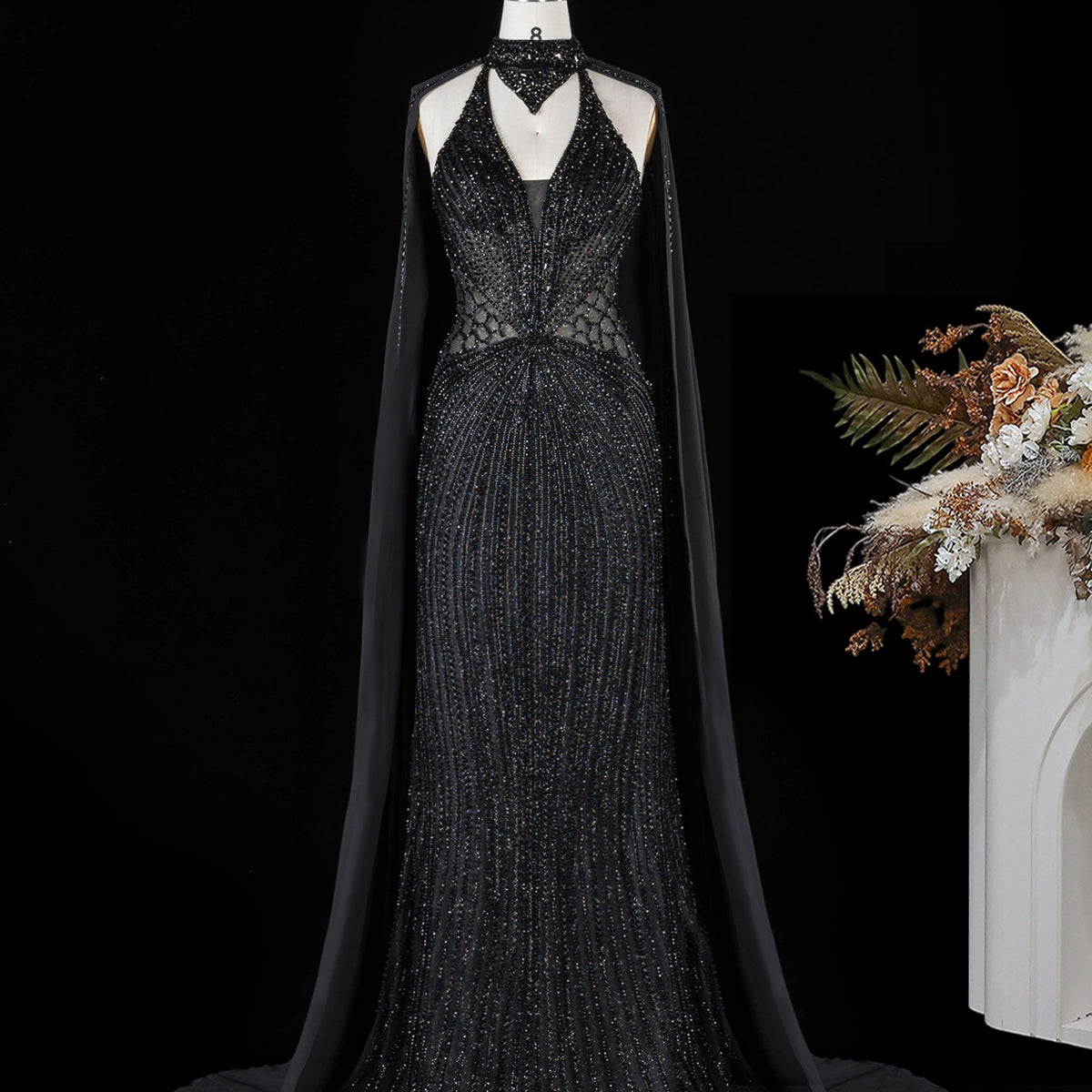 Crystal Beaded Halter Mermaid Evening Dress with Sheer Cape