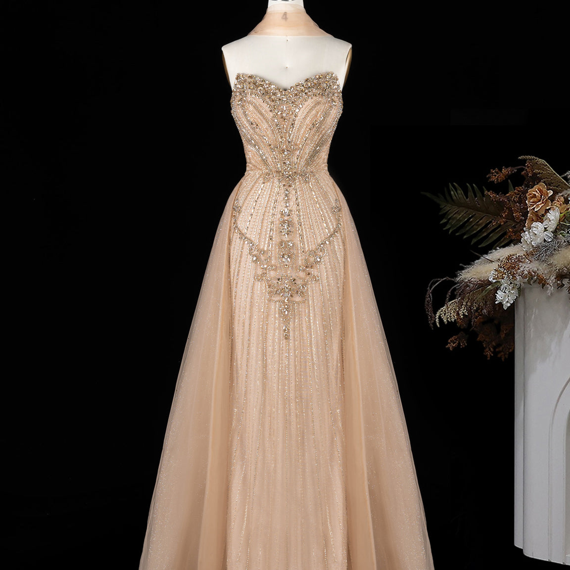 Strapless Beaded Evening Dress with Bow Overskirt