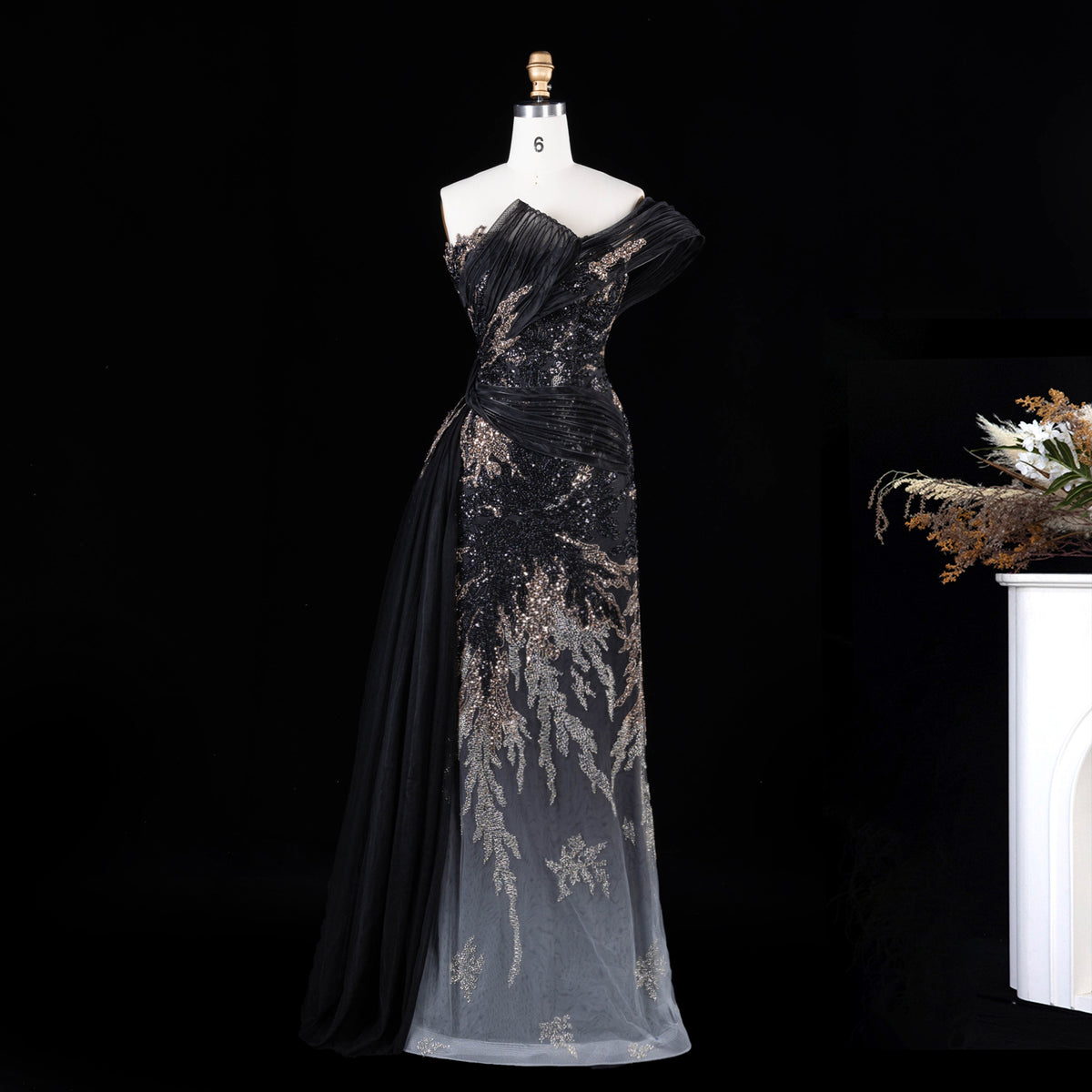 Elegant Gradient Blue Draped Beaded Evening Dress with Overskirt SS293