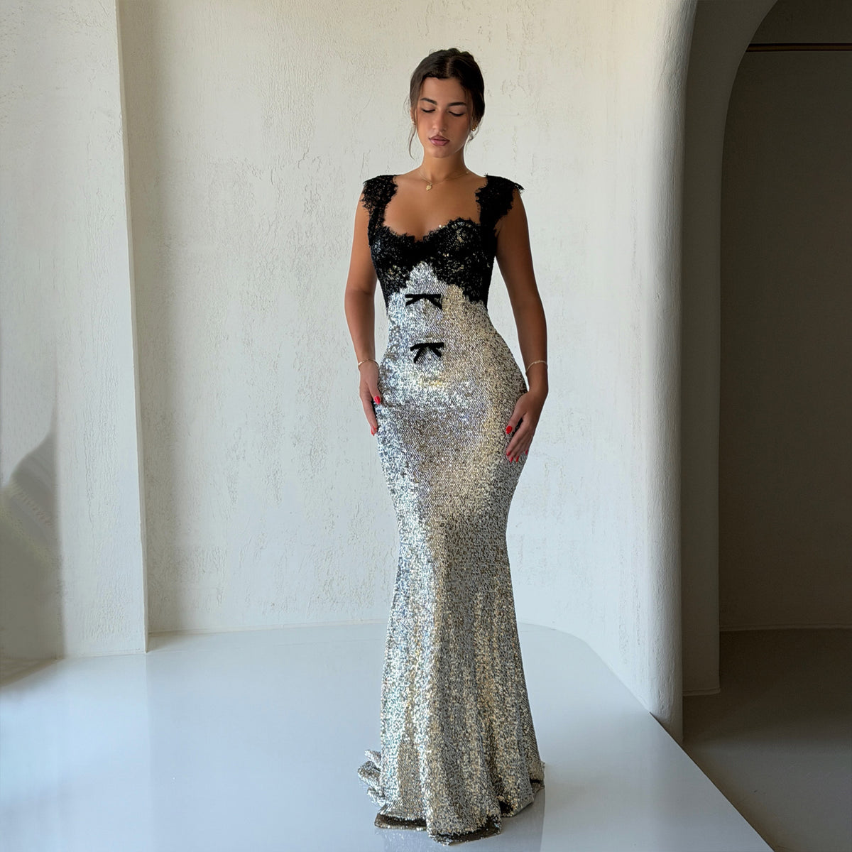 Silver Sequin Mermaid Evening Dress with Black Lace Cape and Bows SF236