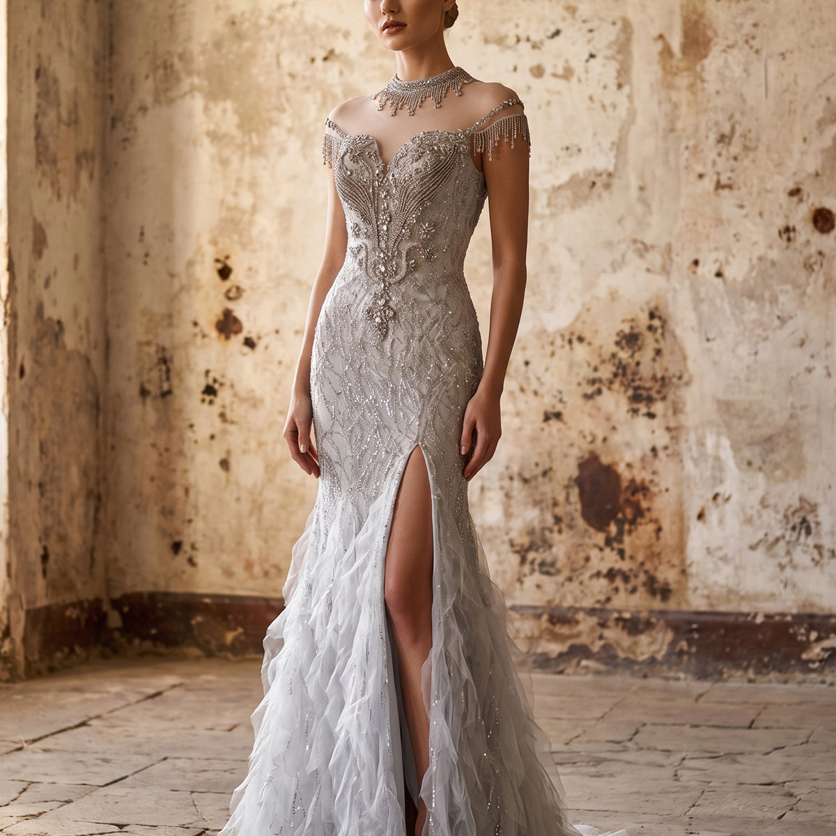 Silver Gray Halter Fringe Ruffled Tulle Evening Dress