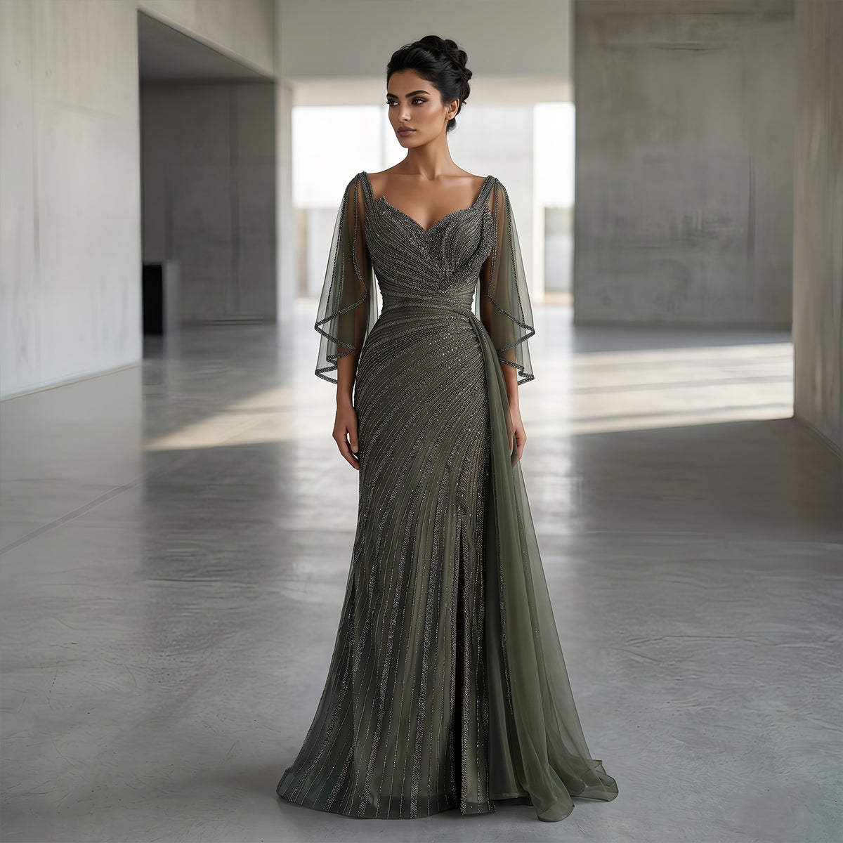 Luxury Champagne V-Neck Beaded Evening Dress with Cape Sleeves SS063