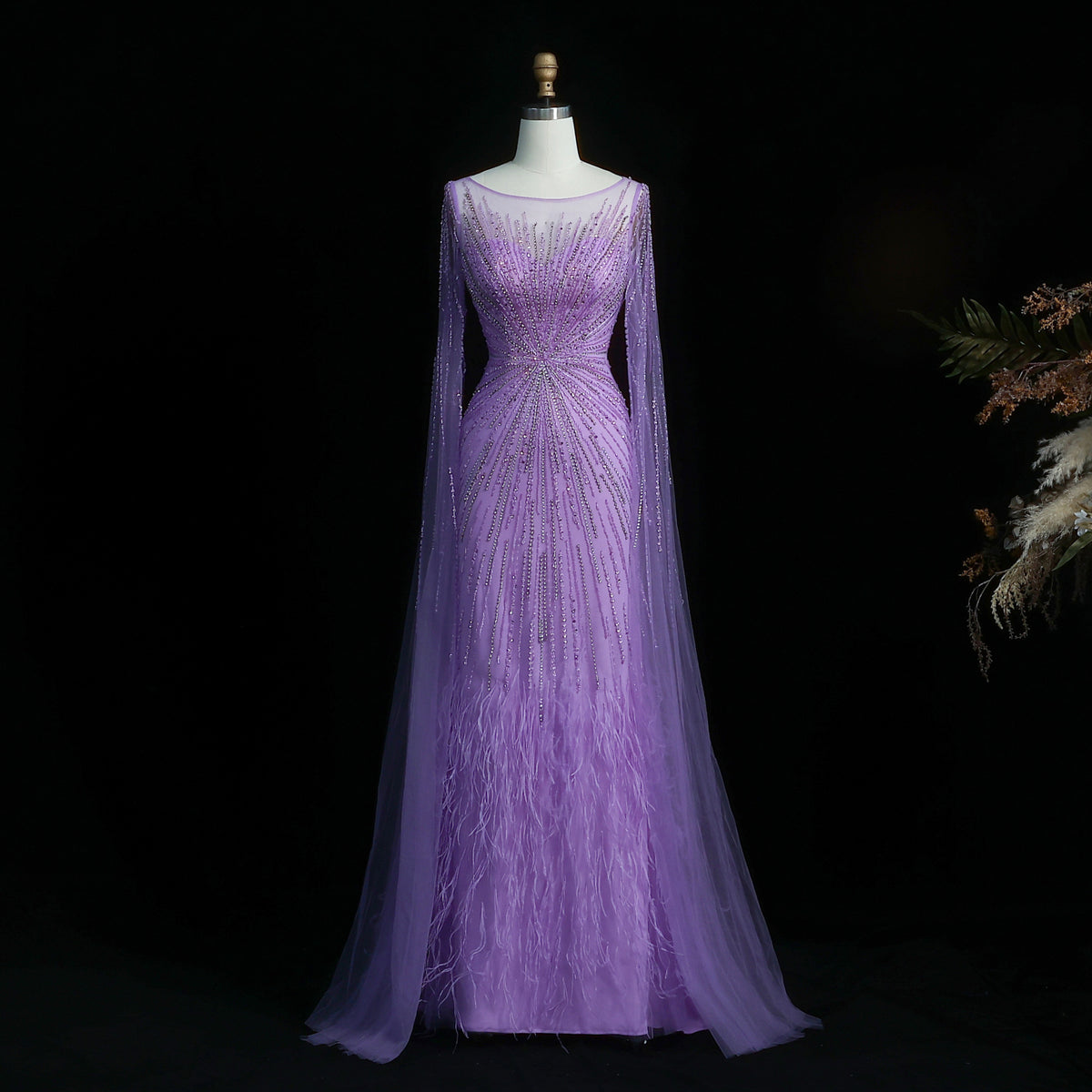 Luxury Lilac Feathers Evening Dresses with Cape Sleeves SS196