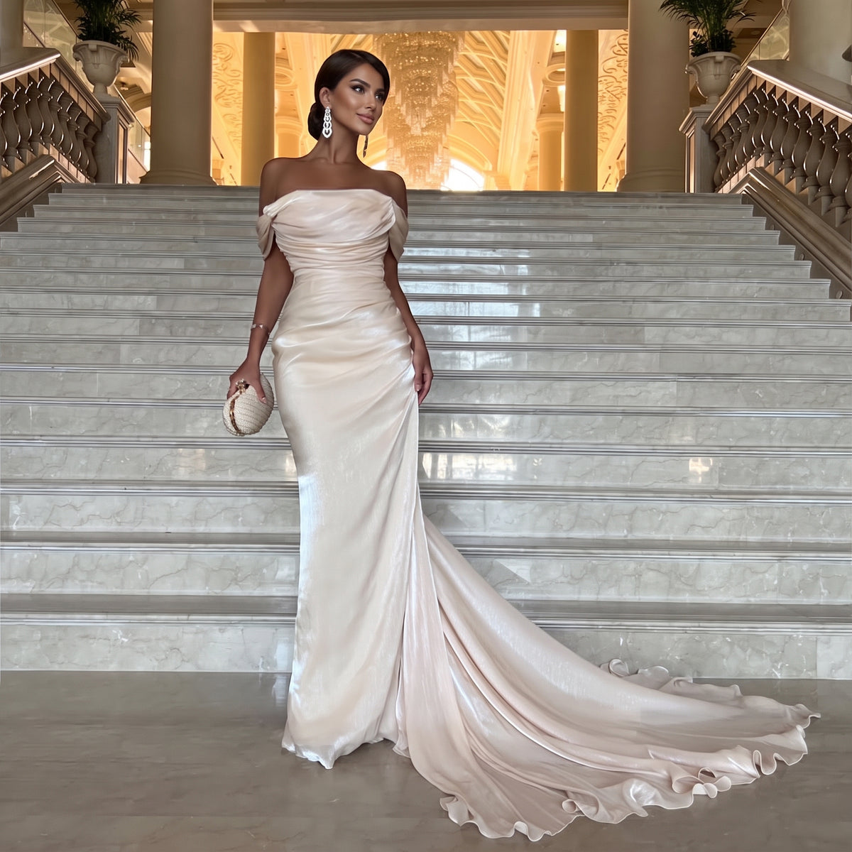 Elegant Off Shoulder Beige Mermaid Evening Dress SF001