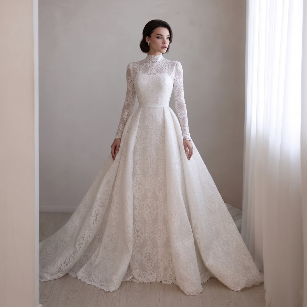 High Neck Lace Wedding Dress with Overskirt SW541