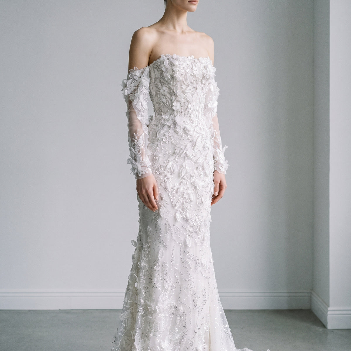 Glamorous Pearl Off-Shoulder 3D Floral Mermaid Wedding Dress SW635