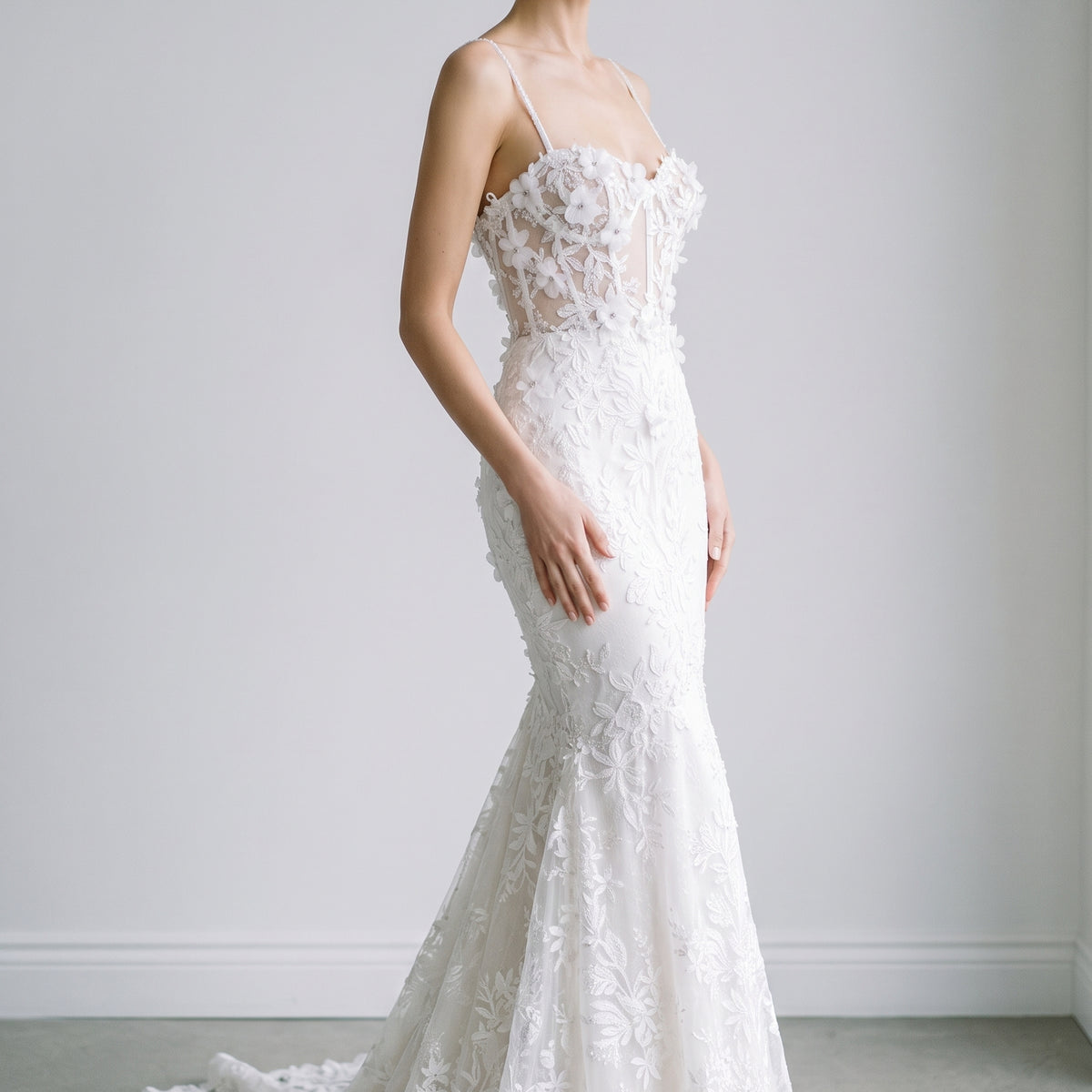 Chic Spaghetti-Strap Sequins 3D Floral Mermaid Wedding Dress SW632